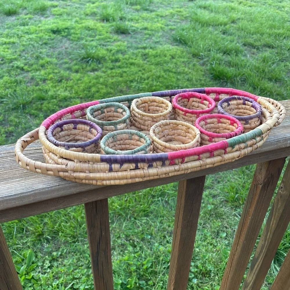 Wicker Woven Rattan Drink Caddy Holders Boho Barware Handles Colorful